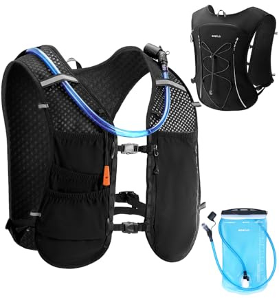 ECOHUB Hydration Vest Running Backpack, Lightweight Hydration Backpack with 2L Water Bladder for Hiking Cycling Marathon, Reflective Adjustable Running Backpack with 6 Pocket for Women Men, Black
