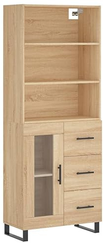 Modern Grey Pine and Oak Brown Plywood High Sideboard 69.5 cm Wide Storage Cabinet for Living Room and Kitchen Space Saving Design with Drawers and Cupboard (Brown)