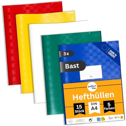 perfect line - 45 Bast-Hefthüllen DIN-A4, 5 Farben, Heftumschlag mit Beschriftungsetikett, Heftschoner aus recyclebarem PP, dokumentenecht (3 Sets á 15 Stk.)