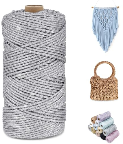 CAMAL Glitzern Makramee Garn 3mm x 100m Metallisch Garn für Taschen Häkeln & Stricken, Polyester Rope Luxus Häkelgarn für Taschen, Puppen, Decken, DIY-Dekoration (Silber)