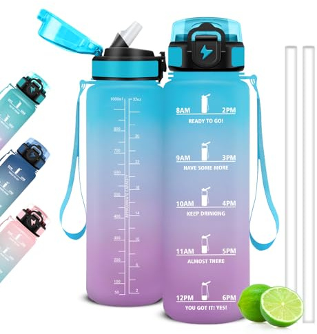 Mujigaga Borraccia 1 Litro, Borraccia Palestra con Cannuccia e Orari per Bere, Bottiglia Sportiva Motivazionale, Borracce a Prova Di Perdite per Gym, Scuola, Yoga