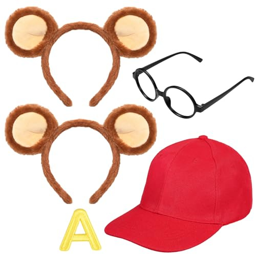iZoeL Karneval Streifenhörnchen Kostüm Damen Mädchen Chipmunks Ohren Haarreifen, Rote Mütze, schwarze Brille - Damen Mädchen Kostüm für Karneval, Fasching, Mottoparty, Halloween