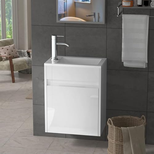 UEV 400 mm Wall Hung Bathroom Vanity Unit with Resin Sink, Space-Saving Storage Cabinet, Wall-Mounted Basin for Cloakroom or Bathroom, White