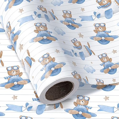 RUSPEPA Geschenkpapierrolle „Bär“ – Minirolle – 43,2 cm x 5 m – Flugzeug-Teddybär-Design, ideal für Jungengeburtstage und als Geschenk zur Geburt