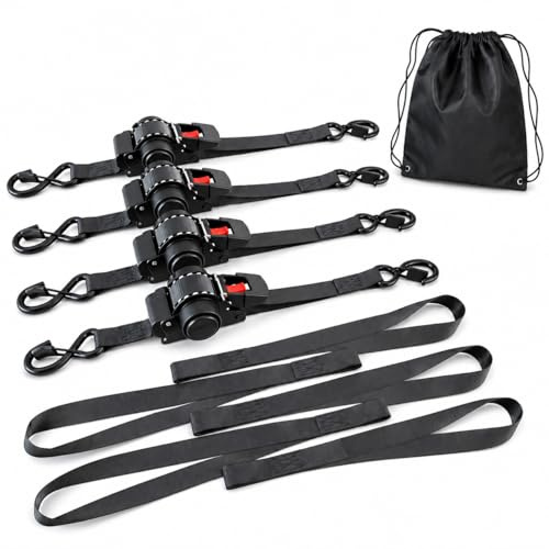 Automatik Spanngurte 4er Set, 3m x 25mm, 540 kg, S-Haken, selbstaufrollend, für Motorrad, Anhänger, Auto, Fahrrad, mit Softschlaufen und Aufbewahrungsbeutel