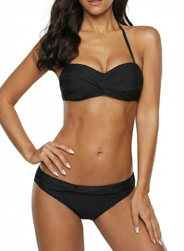 Dokotoo Bandeau Bikini Damen Set Push Up | Wickeloptik Neckholder Oberteil Sexy Low Waist Bademode Zweiteiliger Badeanzug Swimsuit