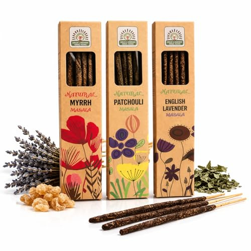 3er Set Räucherstäbchen Patchouli, Englischer Lavendel & Myrrhe – natürliche handgerollte Masala Räucherstäbchen aus Indien – Lange Brenndauer ca. 60 Minuten für Ruhe & Entspannung, Meditation & Yoga