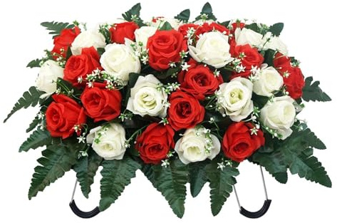Generisch Grabgesteck Für Friedhof – Künstliche Seidenrosen Grabdekoration | Langlebiges Grabarrangement Für Ganzjahresnutzung, Geeignet Für Vatertag, Muttertag Und Gedenkstätten