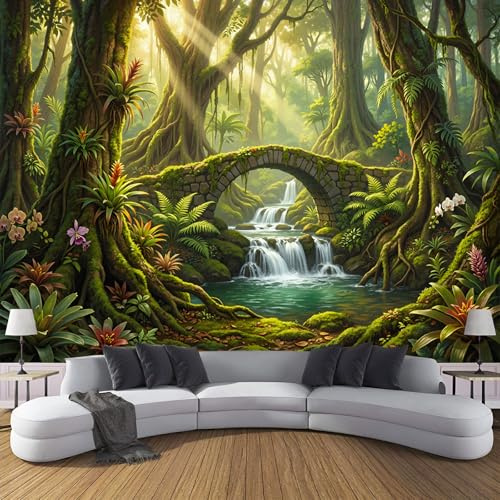 Fotomural Selva Tropical Plantas 200x140cm papel pintado TNT, fotomural panorámico Puente De Piedra Arroyo, Mural de Pared, Decoración de Pared para Salón y Habitación