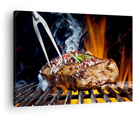 ARTTOR Bilder auf Leinwand 70x50cm Wandbild Küche - 2865 | Steak Grill Flammen Klein Wanddekoration Wohnzimmer Schlafzimmer Küche Wanddeko Wand Kunstdruck Wandkunst Wall Decor ARTTOR