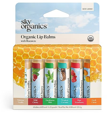 Sky Organics Organic Beeswax Lip Balms for Lips, USDA Certified Organic, Six Assorted Flavors to Moisturize, Soothe & Soften, 6pk.