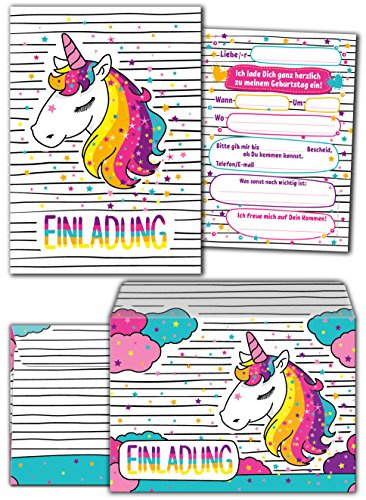 JuNa-Experten 12 Einladungskarten Kindergeburtstag Einhorn inkl. 12 Umschläge – Unicorn Einladungen, Schöne und Bunte Geburtstagseinladungen für Mädchen
