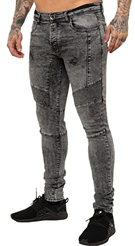 Enzo - Pantalones de mezclilla para hombre, ajuste súper ajustado, elásticos, rasgados, para motociclista, todas las piernas, Ácido negro, 32W / 34L