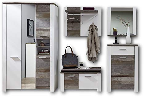 Stella Trading MATEO Garderoben Set in Weiß mit Driftwood Optik - Moderne Flurgarderobe für Ihren Eingangsbereich - 301 x 198 x 39 cm (B/H/T)