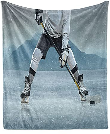 Ambesonne Sports Throw Blanket, Ice Hockey Player with Stick and Puck Mountain Background Canadian, Flannel Fleece Accent Piece Soft Couch Cover for Adults, 70 x 90, Charcoal Grey White