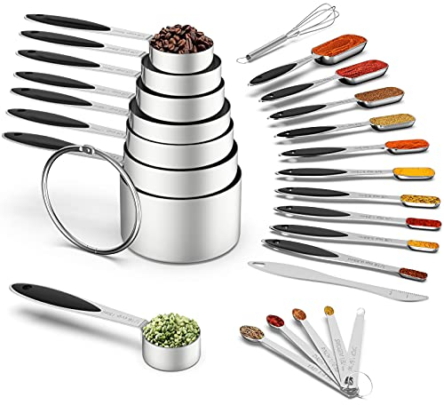 Wildone - Juego de tazas medidoras y cucharas medidoras, acero inoxidable, 8 tazas medidoras, 10 cucharas medidoras, 1 nivelador, 1 batidor y 5 mini cucharas, para ingredientes secos y líquidos, 25