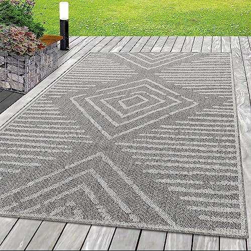 SIMPEX In- & Outdoor Teppich 160x230 cm, Wetterfest & Robust, Flachgewebe mit Modernem Boho-Design in Grau & Creme, Rechteckig für Terrasse, Balkon, Küche, Bad & Wohnzimmer