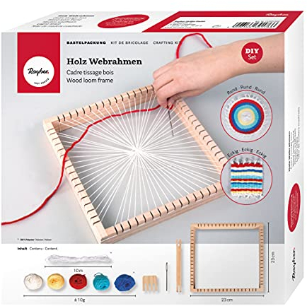 Rayher Holz Webrahmen, 23x23 cm, quadratisch, Webbreite 18 cm, All-in-one-Starterset mit Rahmen, Wolle, Garn, Nadel, Webkamm, Schiffchen, Pinienholz FSC zertifiziert, Bunt, 72003000, 24