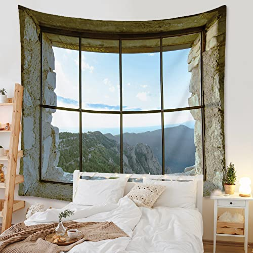 Lsimeru Wandteppich Fensterblick 3D Blumen Berge Natur Landschaft Wandtuch Wandbehang Fenster Moderne Kunst Berglandschaft Wanddeko Wandtücher für Schlafzimmer Wohnzimmer,180x230