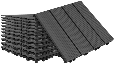 LZQ WPC Terrassenfliesen Klickfliesen 11 Stück 30x30 cm Anthrazit | Wetterfester WPC-Bodenbelag in Holzoptik mit Drainage, zuschneidbarer Oberfläche für Balkon, Garten und Terrasse