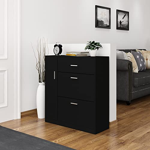 Schuhschrank mit 2 Klappen, Schuhregal mit 1 Schubladen, 1 Tür, Aufbewahrungsschrank Perfekt für Schmale Flure, Wohnzimmer, Schuhkommode für 10-18 Paar Schuhe, Platzsparend, 30cm Breite, Schwarz