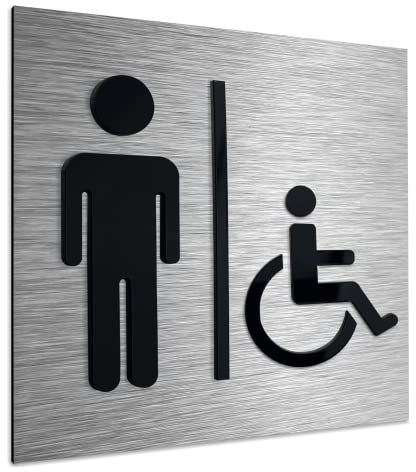 ALÚMADESIGNCO Moderne Signaletique Bonhomme Handicapé - Panneau Toilettes Homme - Pictogramme Homme Toilette - Panneaux toilet - WC Symbole/Autocollant, plaque porte - 120 x 120 mm