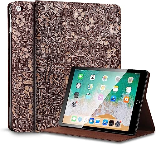 Gexmil Leder Hülle für iPad 9.7 Zoll 6./5. Gen 2018/2017,iPad Air 2./1. Gen | Premium Echtleder Cover/Flip,Auto Schlaf/Aufwachen,Schutzhülle Einstellbarer Ständer,Stoßfest,Grauem Schmetterling