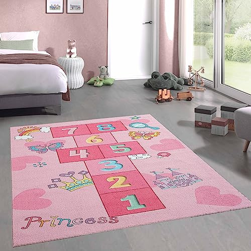 CARPETIA Kinderteppich Hüpfkästchen Prinzessin Rosa 140x200 cm | Rutschfest, pflegeleicht, strapazierfähig und hautsympathisch, OEKO-TEX geprüft, für Fußbodenheizung & Kinderzimmer