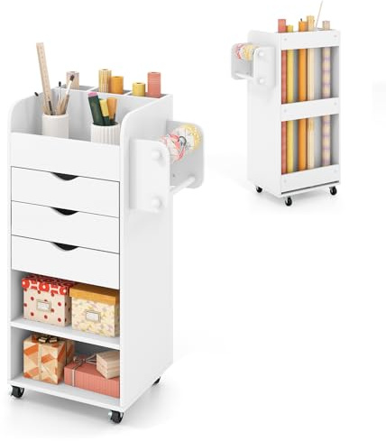 COSTWAY Carro de Cocina con Ruedas, Carrito Auxiliar para Manualidades, Carrito Utilitario de Cocina con Estantes Abiertos, 3 Cajones, 3 Compartimentos, Carro Multiusos para Costura (Blanco)