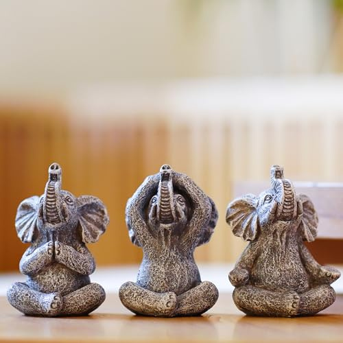 Yeomoo Harz Yoga Elefant Gartenfiguren Zen Gartendeko Geschenke Set 3 Grau | Elefanten Figuren Miniatur Deko, Geschenke für Frauen Kinder Freundin Geburtstag, Schreibtisch Zubehör Deko Wohnzimmer