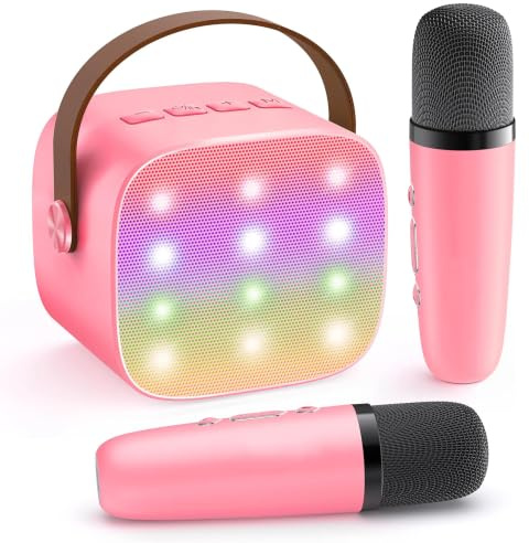 YLL Mini-Karaoke-Maschine für Kinder und Erwachsene, tragbarer Bluetooth-Lautsprecher mit 2 kabellosen Mikrofonen, 18 vorgeladene Lieder, Spielzeug, Geburtstagsgeschenke für Mädchen im Alter von 4, 5,