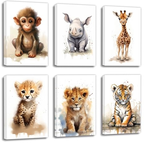 ZXHYWYM Safari Tier Kinderzimmer WandDekor 6 Teilig Waldbaby Tierbild Leinwanddrucke Aquarell Dschungeltier Poster für Kinderzimmer Klassenzimmer Dekor (Bild-1, (20.00 x 30.00 cms x 6 Teilig))