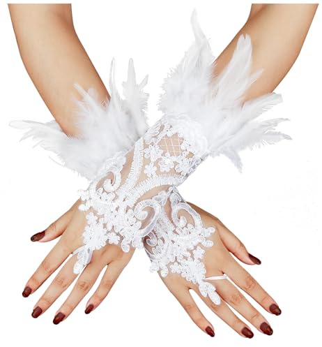 keland Damen Schwarz Feder Spitze Fingerlose Lange Handschuhe für Hochzeit Halloween Maleficent Kostüm