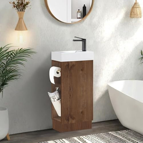 JINDOLI 40,6 cm litet badrum sminkbord med handfat badrumsskåp, sminkskåp i trä med mjuk stängande dörr, justerbara hyllor, modern väggdekor möbler, valnöt