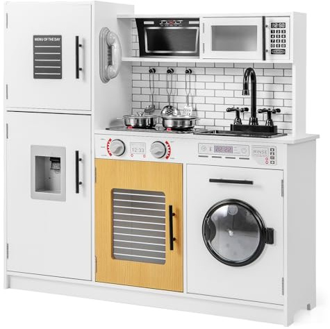 COSTWAY Kids Wooden Kitchen, Pretend Play Kitchen with Light, Sound, Oven, Washing Machine, Microwave, Water Dispenser, Telephone & Utensils, Children Chef Role Playset for Boys Girls