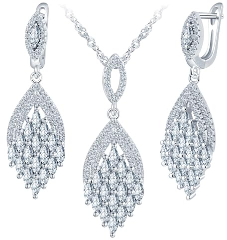 MicLee Collane ciondoli e orecchini di zirconi per donna: Parure di gioielli in argento 925 - Collana e orecchini di zirconi a forma di foglia - Gioielli da sposa - Gioielli per feste in argento