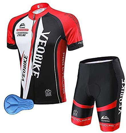 VeloZenith Herren Radtrikot Set Kurzarm Trikot 3D gepufferte Radhose Rennrad Fahrradbekleidung Sommer Atmungsaktives Radtrikot+Fahrrad Rennrad Lätzchen Short Set MTB Rot,XXL