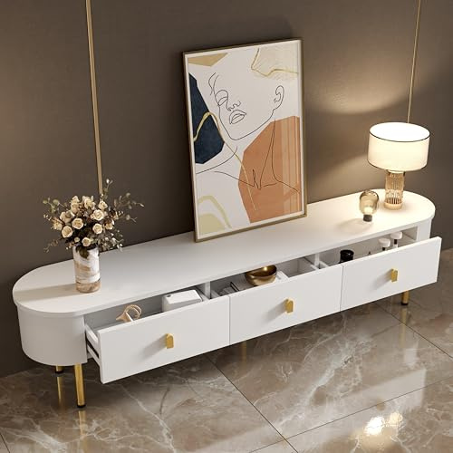 TIZZ Lowboard, TV-Schrank mit Schubladen, goldenen Griffen und Beinen, geschwungenen Ecken
