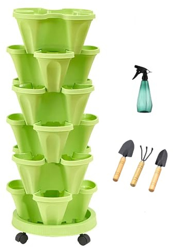 NNYCC Tour de Jardin Verticale 6 Niveaux Pots de Fleurs avec roulettes Mobiles, Empilable Jardinière de Fraises Plantes légumes Fleurs pour l'intérieur et l'extérieur,Vert