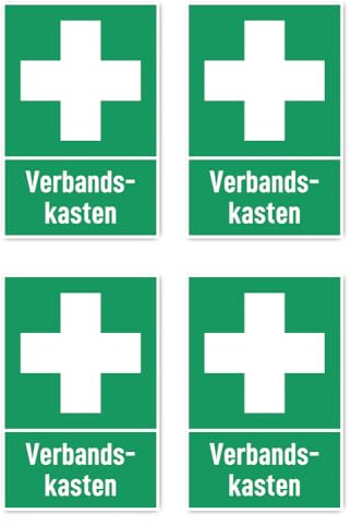 Aufkleber: 150x100 mm, 4 Stück - Verbandskasten - Rettungszeichen mit Text (deutsch) (grün/weiß) - hochkant - E003 - DIN EN ISO 7010 / ASR A1.3