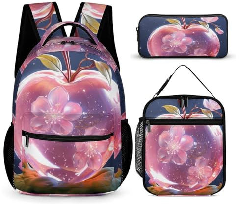 Crystal Apples - Set di 3 zaini con stampa di mele e borsa per il pranzo e astuccio per matite, Stile:, Taglia unica