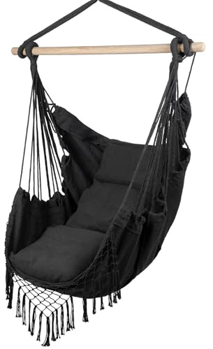MalTec Hängesessel mit Kissen Gartenstuhl, Hängeschaukel, Hängematte für Wohnzimmer, Terrasse, Garten, Dunkelgrau bis 120 kg belastbar, Outdoor Indoor Brasilianische Hängematte