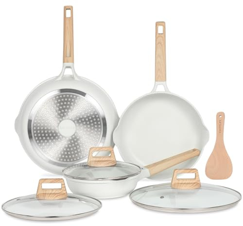 ESLITE LIFE Frying Pans Set with Lids Nonstick Skillets Set Egg Omelette Pans, Healthy Ceramic Coating Cookware Chef's Pan, Compatible with All Stovetops, PFOA Free (White,7-Piece)