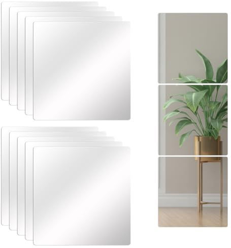 DODUOS 10PCS 20×20cm Stick on Mirror, Self Adhesive Mirror, Acrylic Mirror Sheet Acrylic Mirrors, Full length Square Mirrors Tiles Self Adhesive for Walls for Living Room Bedroom Hallway