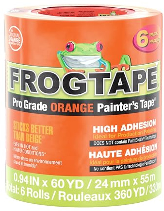 FrogTape ProGrade – Lot de 6 rouleaux de ruban de peinture orange de 2,4 cm de large (2,4 cm x 48,4 m) à haute adhérence pour applications intérieures et extérieures, orange (105673)