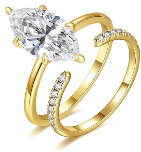 BONLAVIE 3.5CT Marquise Schliff Verlobungsring Set Zirkonia Ringe für Damen 14K Gold Plattiert Eheringe Set CZ Verstellbar Halb Ewigkeitsring Größe 49.3(15.7)-60 (19.1)