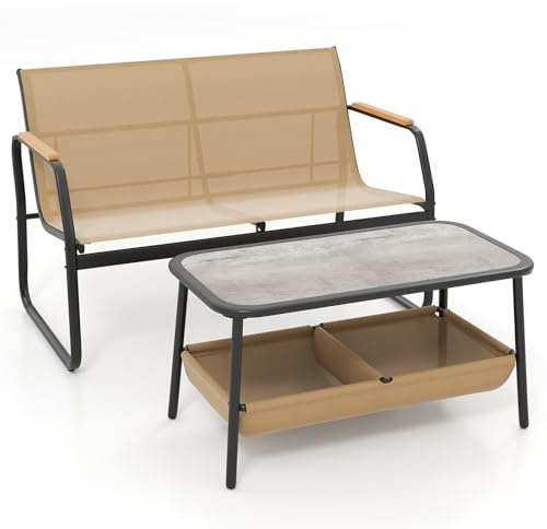 FANTASK 2-Sitzer Sitzbank mit Couchtisch aus Textilene, Gartenbank mit 2 Stauraumfächern, Balkonmöbel-Set, Gartengarnitur, Gartenmöbel, Kaffeetisch, Sitzgruppe für Garten & Balkon