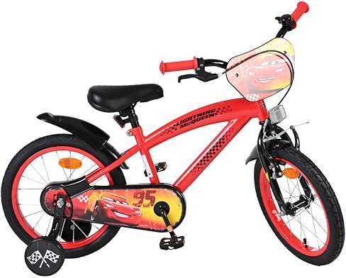 Volare Disney Cars Kinderfahrrad 16 Zoll | 4–6 Jahre | Hand- & Rücktrittbremse | Stützräder | Kettenschutz | Verstellbarer Sattel | Geschenk für Mädchen & Jungen