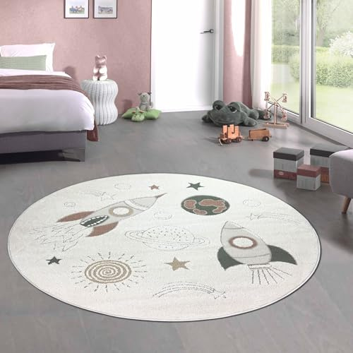 CARPETIA Kinderteppich Rund Weltraum Raketen Planeten Creme Grau Ø 120 cm | Weich, pflegeleicht, strapazierfähig und langlebig, OEKO-TEX geprüft, für Fußbodenheizung, Kinder-, Baby- & Krabbelzimmer