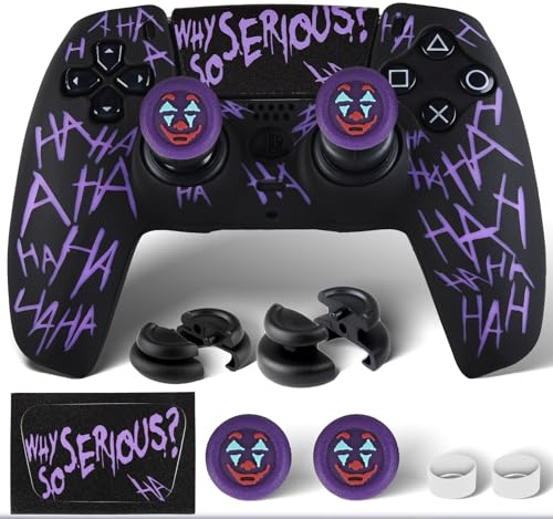 PlayRealm Silicone Skin Cover Sticker x 1 & Extender Grips x 2 for PS5 Controller Joker Purple